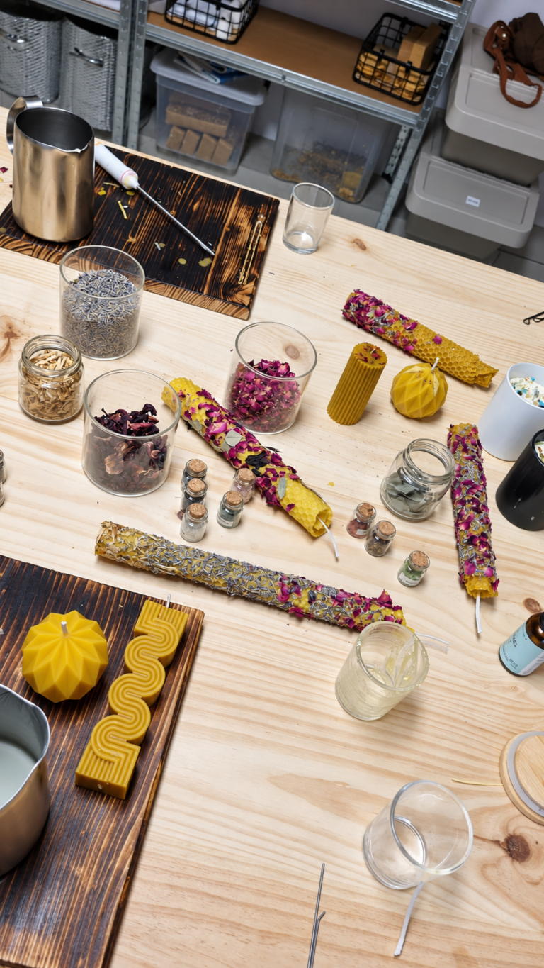 Inicio Velas de cera de abeja decoradas con flores y hierbas secas hechas en el taller